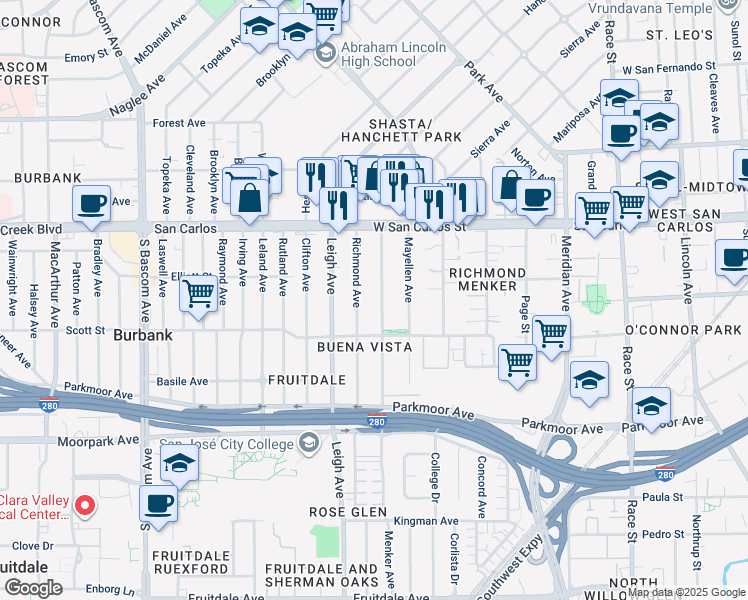 map of restaurants, bars, coffee shops, grocery stores, and more near 406 Menker Avenue in San Jose