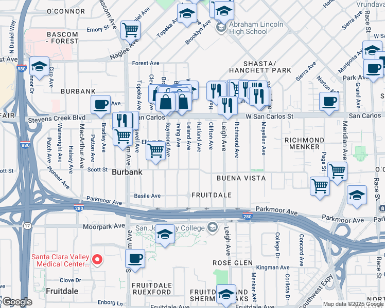 map of restaurants, bars, coffee shops, grocery stores, and more near 1910 Elliott Street in San Jose