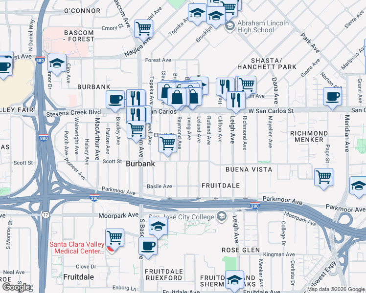 map of restaurants, bars, coffee shops, grocery stores, and more near 412 Irving Avenue in San Jose