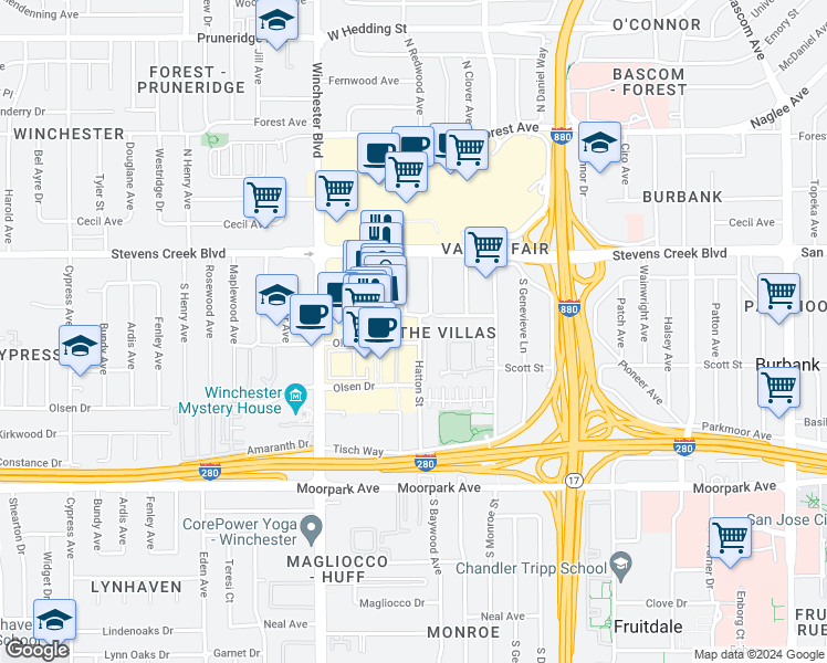 map of restaurants, bars, coffee shops, grocery stores, and more near 381 South Redwood Avenue in San Jose