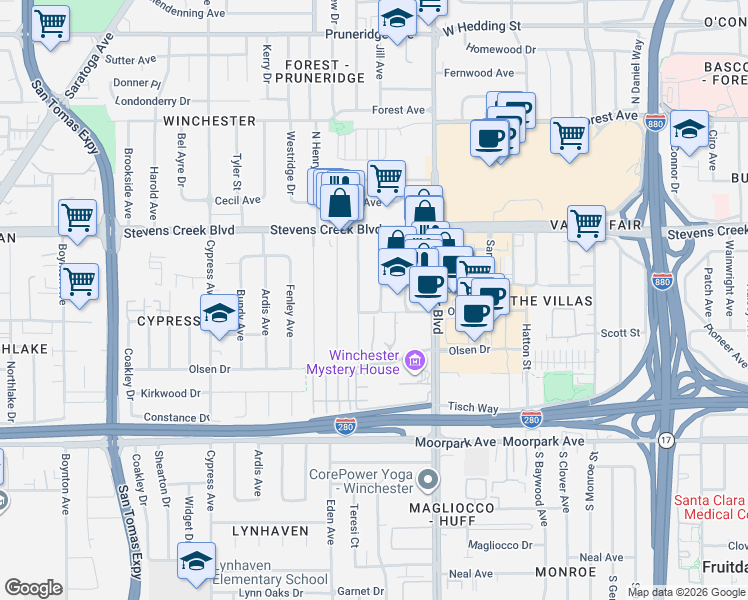map of restaurants, bars, coffee shops, grocery stores, and more near 360 Maplewood Avenue in San Jose