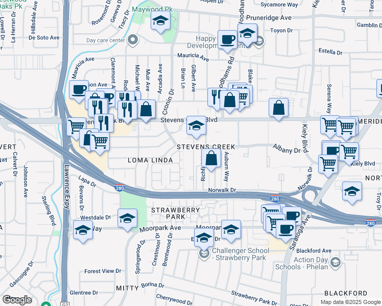 map of restaurants, bars, coffee shops, grocery stores, and more near 4643 Albany Drive in San Jose