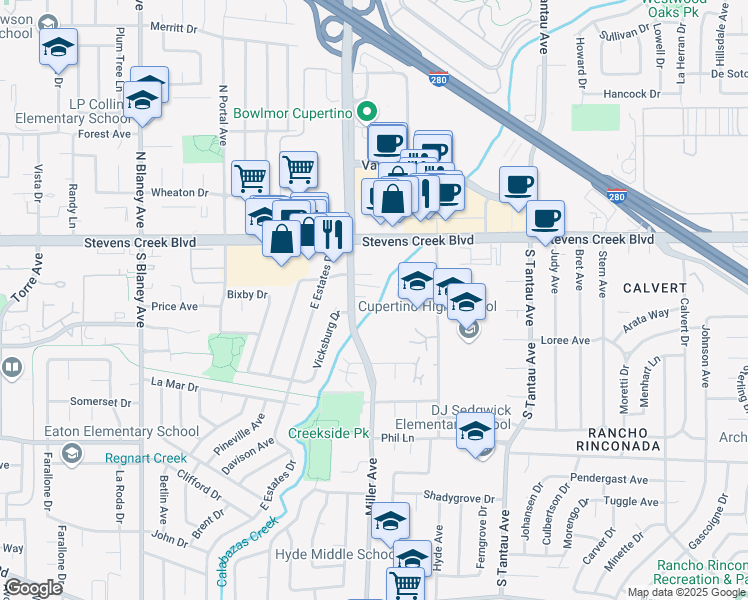 map of restaurants, bars, coffee shops, grocery stores, and more near 19460 Richwood Court in Cupertino