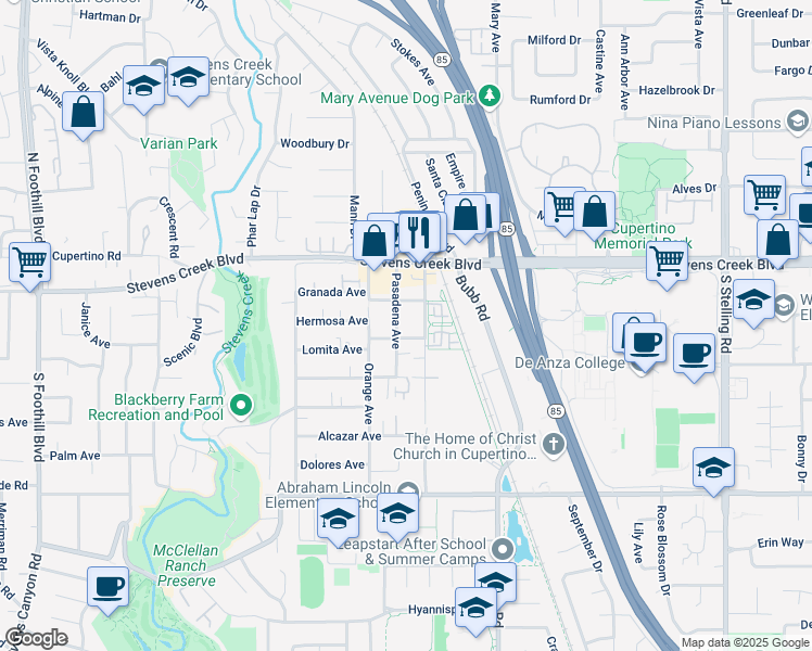 map of restaurants, bars, coffee shops, grocery stores, and more near 10101 Imperial Avenue in Cupertino