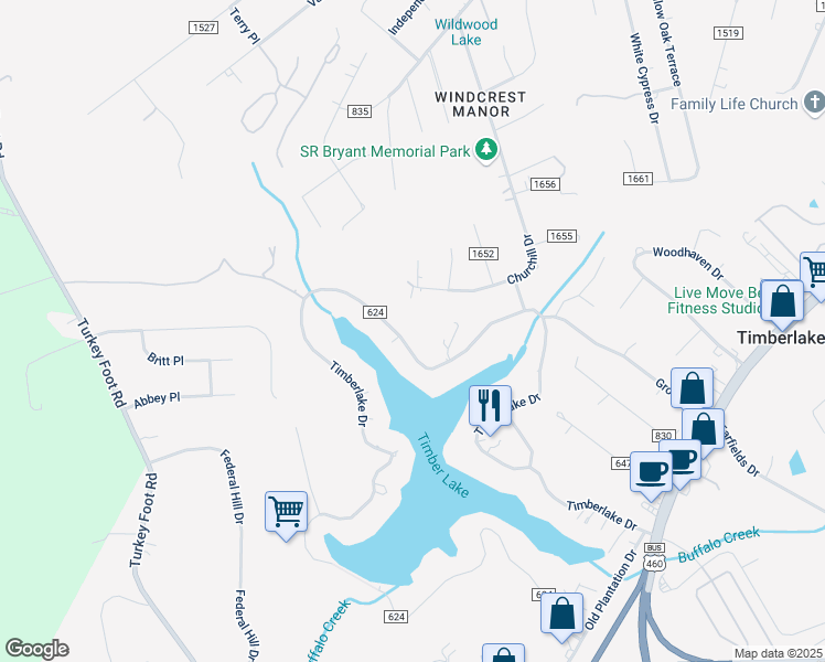 map of restaurants, bars, coffee shops, grocery stores, and more near 1245 Timberlake Drive in Lynchburg