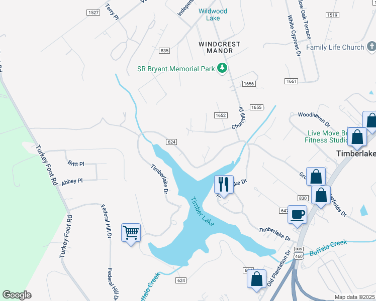 map of restaurants, bars, coffee shops, grocery stores, and more near 1245 Timberlake Drive in Lynchburg