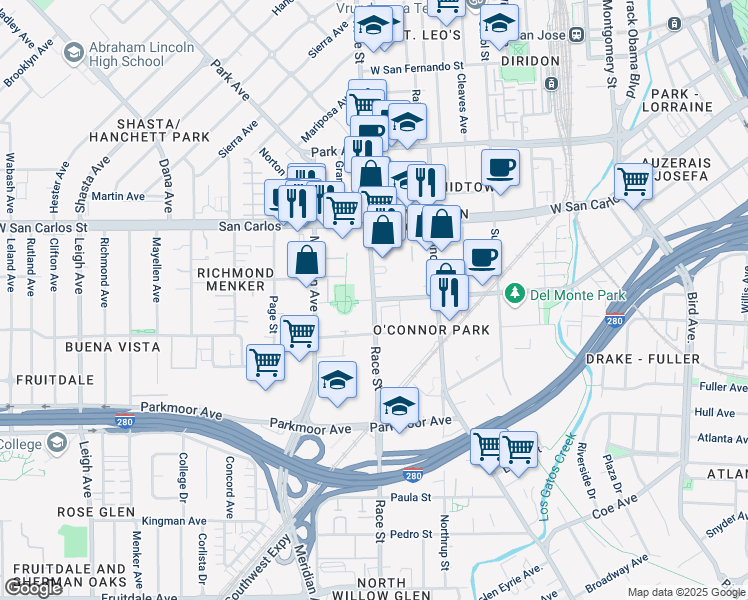 map of restaurants, bars, coffee shops, grocery stores, and more near 398 Race Street in San Jose