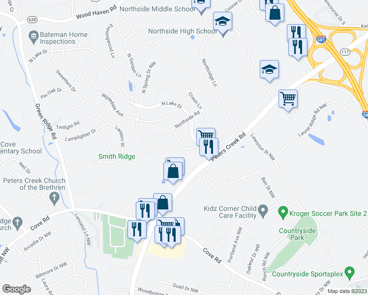 map of restaurants, bars, coffee shops, grocery stores, and more near 3001 Polly Hill Lane in Roanoke