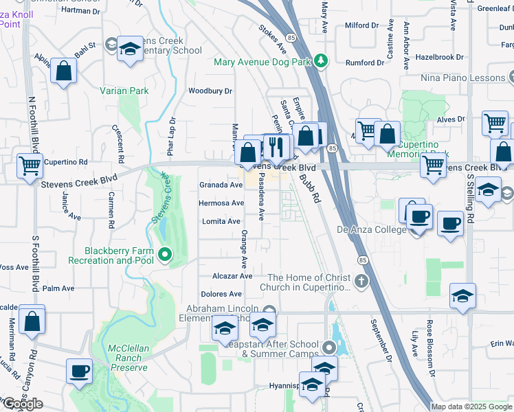 map of restaurants, bars, coffee shops, grocery stores, and more near 10141 Pasadena Avenue in Cupertino