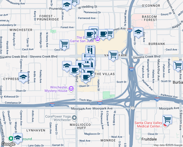 map of restaurants, bars, coffee shops, grocery stores, and more near 356 Santana Row in San Jose