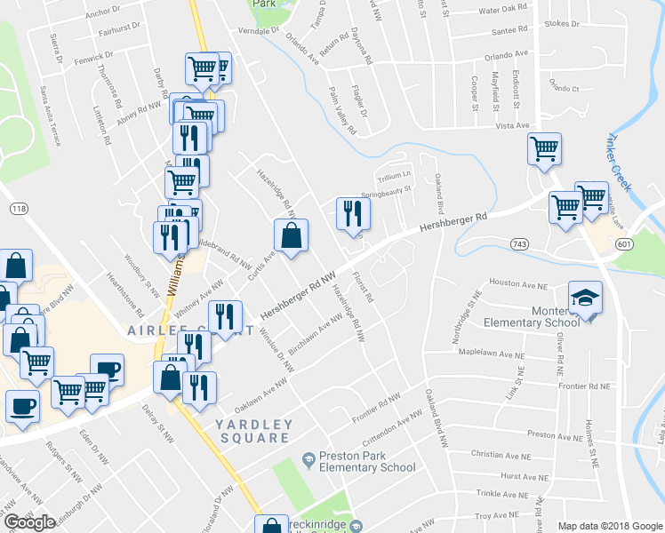 map of restaurants, bars, coffee shops, grocery stores, and more near 415 Hershberger Road Northwest in Roanoke