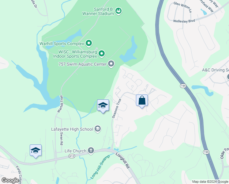 map of restaurants, bars, coffee shops, grocery stores, and more near 512 Spring Trace in Williamsburg