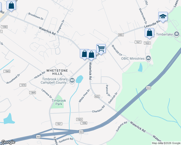 map of restaurants, bars, coffee shops, grocery stores, and more near 2213 Waterlick Road in Lynchburg