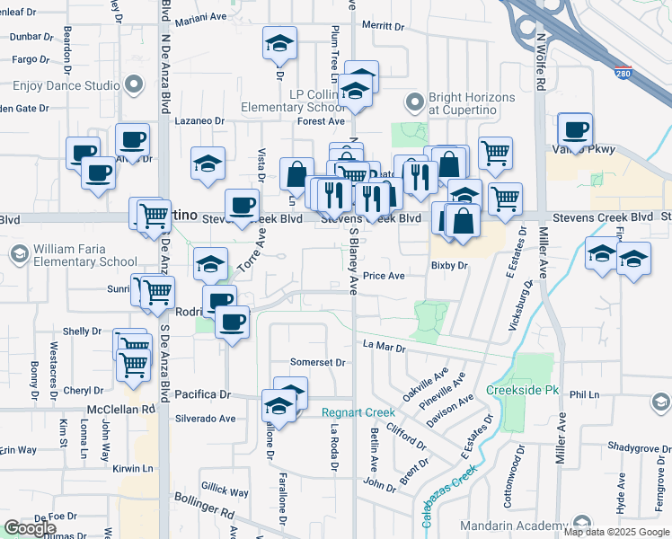 map of restaurants, bars, coffee shops, grocery stores, and more near 10159 South Blaney Avenue in Cupertino