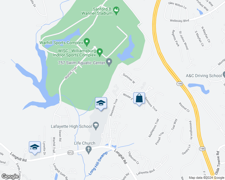 map of restaurants, bars, coffee shops, grocery stores, and more near 512 Spring Trace in Williamsburg