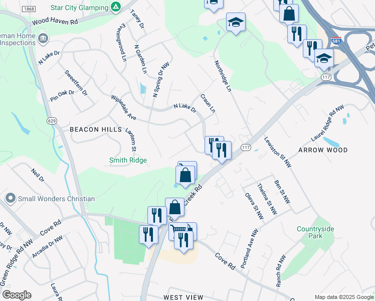 map of restaurants, bars, coffee shops, grocery stores, and more near 5010 Nicholas Hill Lane in Roanoke