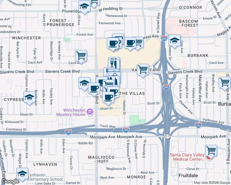 map of restaurants, bars, coffee shops, grocery stores, and more near 356 Santana Row in San Jose