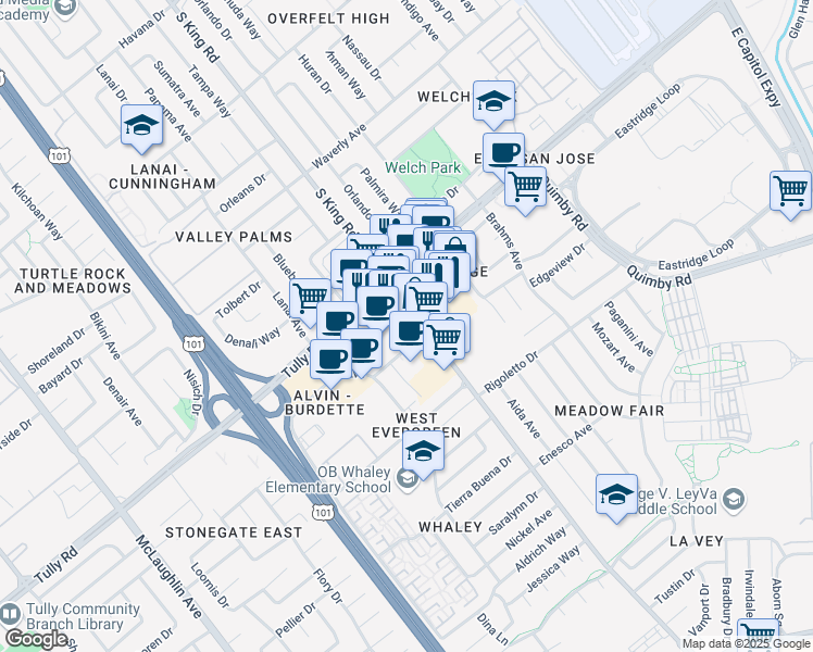 map of restaurants, bars, coffee shops, grocery stores, and more near in San Jose