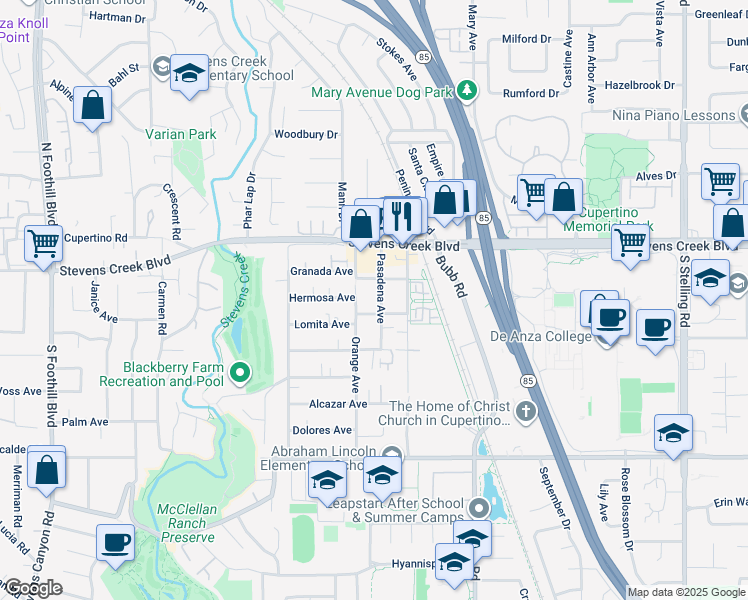 map of restaurants, bars, coffee shops, grocery stores, and more near 10141 Pasadena Avenue in Cupertino