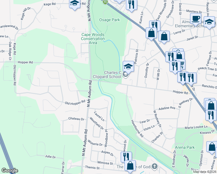 map of restaurants, bars, coffee shops, grocery stores, and more near 3013 Hopper Road in Cape Girardeau