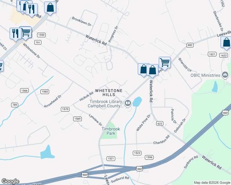 map of restaurants, bars, coffee shops, grocery stores, and more near 99 Pines Village Drive in Lynchburg