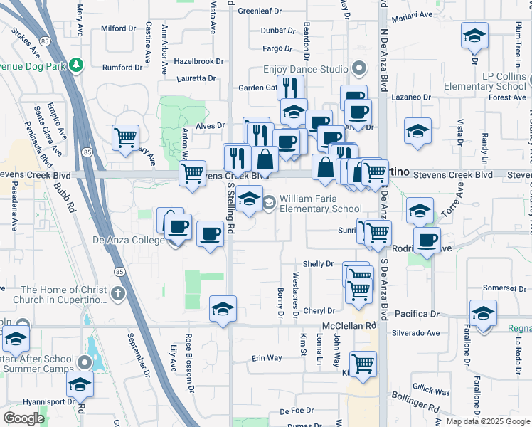 map of restaurants, bars, coffee shops, grocery stores, and more near 10155 Barbara Lane in Cupertino