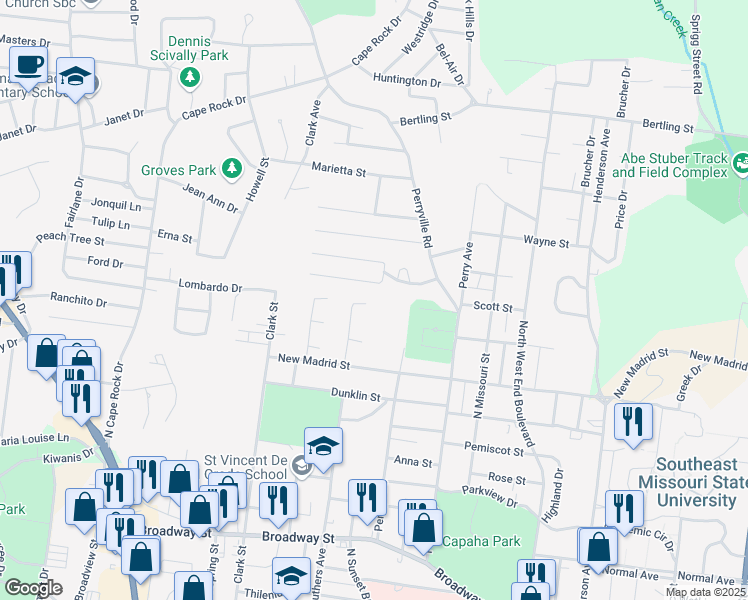 map of restaurants, bars, coffee shops, grocery stores, and more near 1824 Scott Street in Cape Girardeau