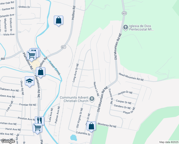 map of restaurants, bars, coffee shops, grocery stores, and more near 624 Applewood Street Northeast in Roanoke