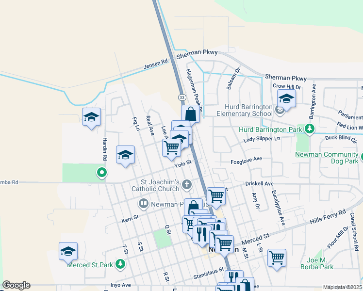 map of restaurants, bars, coffee shops, grocery stores, and more near 890 Main Street in Newman