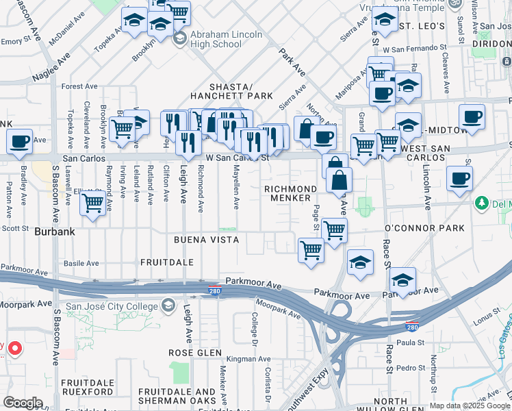 map of restaurants, bars, coffee shops, grocery stores, and more near 404 Mayellen Avenue in San Jose