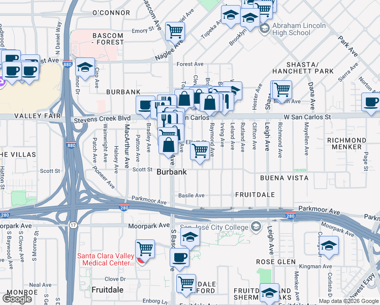 map of restaurants, bars, coffee shops, grocery stores, and more near 405 Vaughn Avenue in San Jose