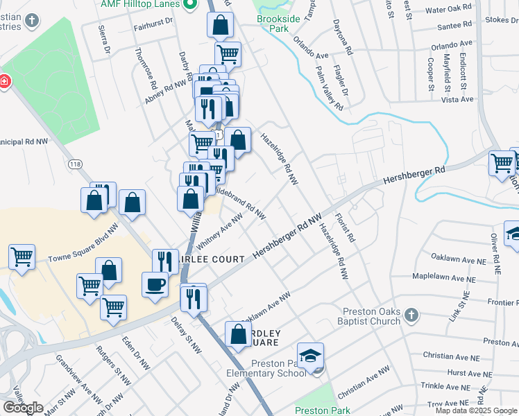 map of restaurants, bars, coffee shops, grocery stores, and more near 5105 Hildebrand Road Northwest in Roanoke