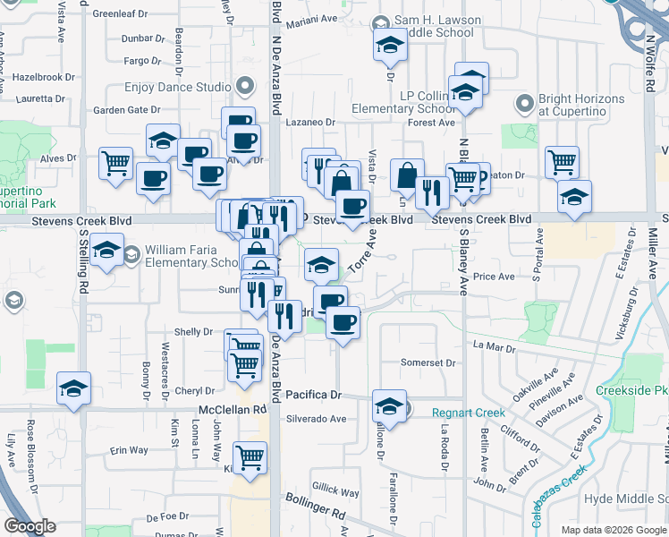map of restaurants, bars, coffee shops, grocery stores, and more near 10201 Torre Avenue in Cupertino