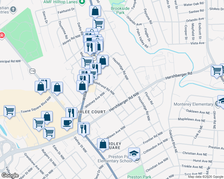map of restaurants, bars, coffee shops, grocery stores, and more near 5105 Hildebrand Road Northwest in Roanoke