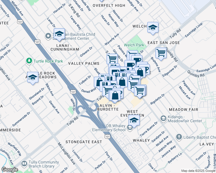 map of restaurants, bars, coffee shops, grocery stores, and more near 1632 Dixie Drive in San Jose