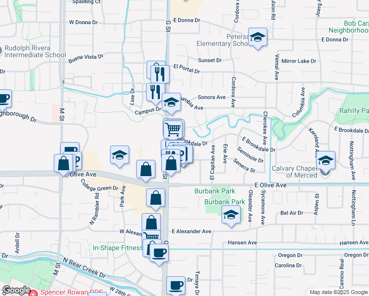 map of restaurants, bars, coffee shops, grocery stores, and more near 220 East Brookdale Drive in Merced