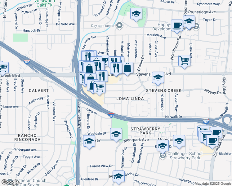 map of restaurants, bars, coffee shops, grocery stores, and more near 5010 Rio Vista Avenue in San Jose