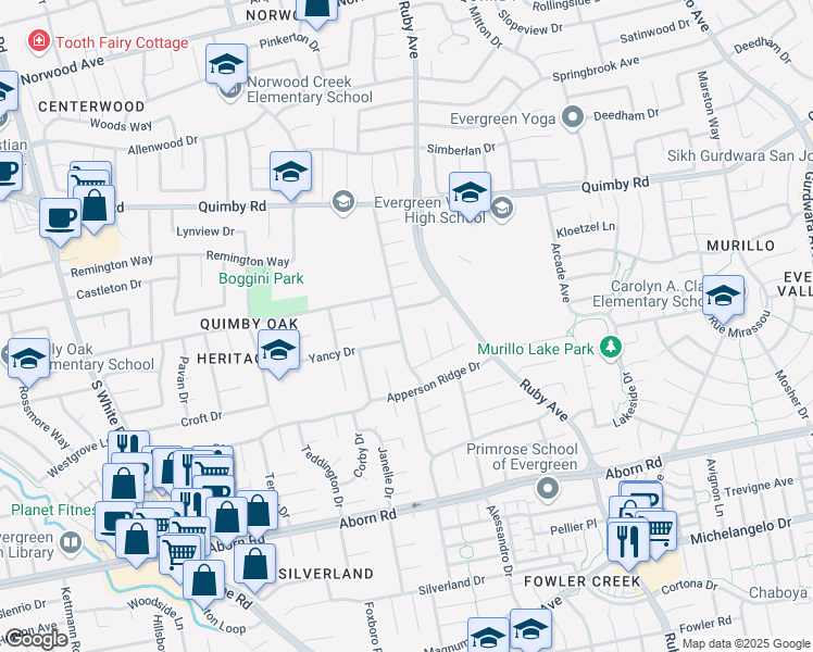 map of restaurants, bars, coffee shops, grocery stores, and more near 3146 Oakgate Way in San Jose