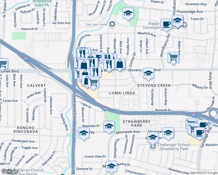 map of restaurants, bars, coffee shops, grocery stores, and more near 5010 Rio Vista Avenue in San Jose