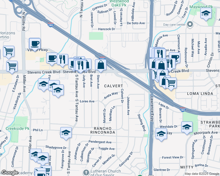 map of restaurants, bars, coffee shops, grocery stores, and more near 175 Calvert Drive in Cupertino