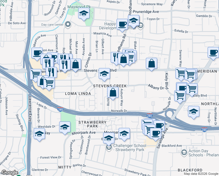 map of restaurants, bars, coffee shops, grocery stores, and more near in San Jose