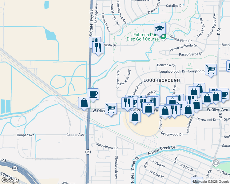 map of restaurants, bars, coffee shops, grocery stores, and more near 3221 Cheyenne Drive in Merced