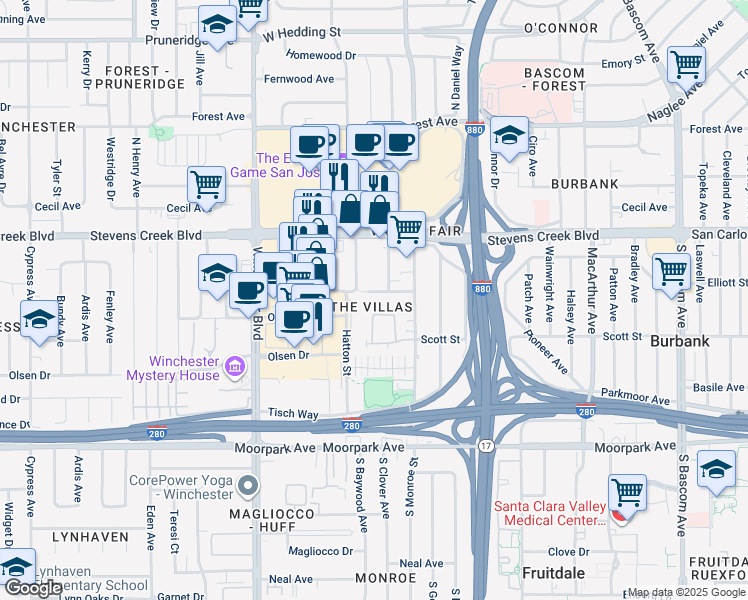 map of restaurants, bars, coffee shops, grocery stores, and more near 2868 Hemlock Avenue in San Jose
