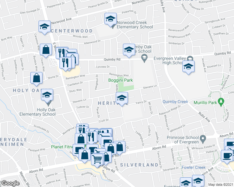 map of restaurants, bars, coffee shops, grocery stores, and more near Stevens Lane & Millbrook Drive in San Jose