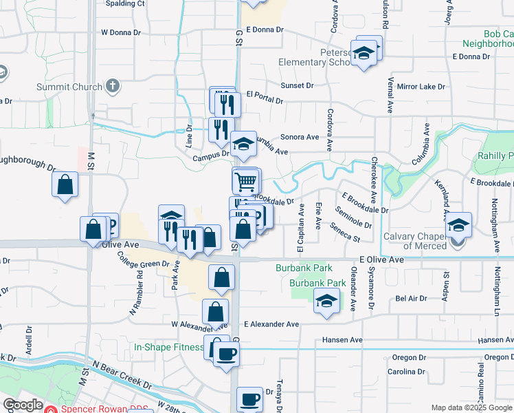 map of restaurants, bars, coffee shops, grocery stores, and more near 200 East Brookdale Drive in Merced