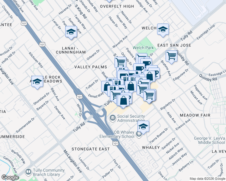 map of restaurants, bars, coffee shops, grocery stores, and more near 1632 Dixie Drive in San Jose