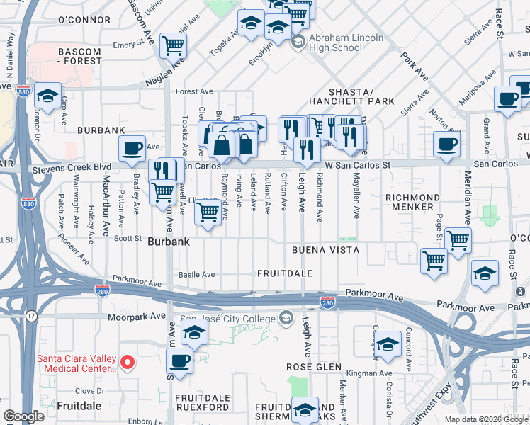 map of restaurants, bars, coffee shops, grocery stores, and more near 1910 Elliott Street in San Jose
