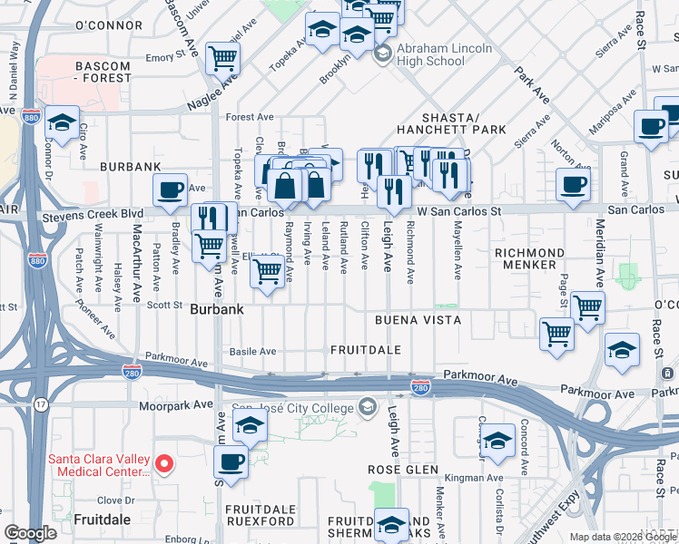 map of restaurants, bars, coffee shops, grocery stores, and more near 1910 Elliott Street in San Jose