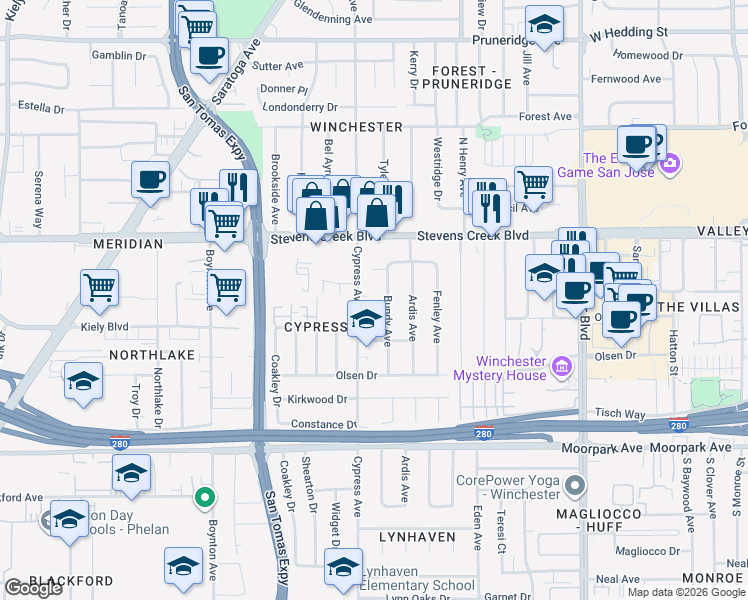 map of restaurants, bars, coffee shops, grocery stores, and more near 367 Bundy Avenue in San Jose