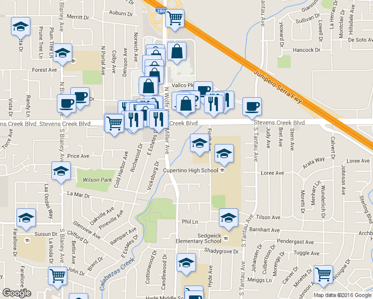 map of restaurants, bars, coffee shops, grocery stores, and more near 19460 Richwood Court in Cupertino